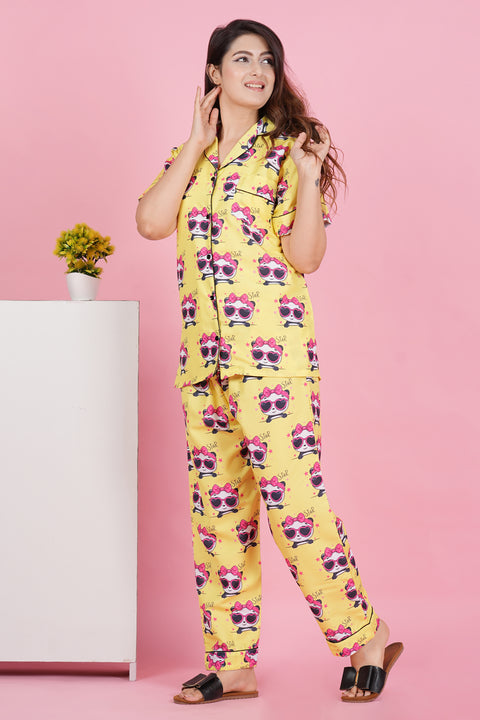 Pretty Panda Star Half Sleeve Pyjama Rayon Blend Night Wear Set