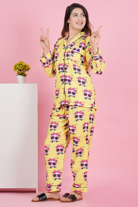 Pretty Panda Star Full Sleeve Pyjama Rayon Blend Night Wear Set