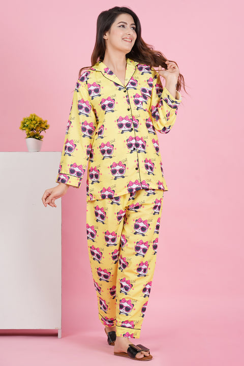Pretty Panda Star Full Sleeve Pyjama Rayon Blend Night Wear Set