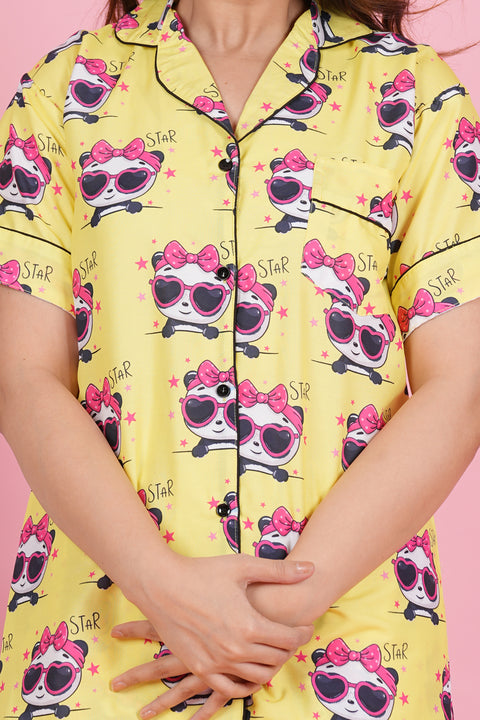 Pretty Panda Star Half Sleeve Pyjama Rayon Blend Night Wear Set