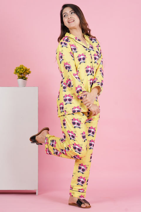 Pretty Panda Star Full Sleeve Pyjama Rayon Blend Night Wear Set