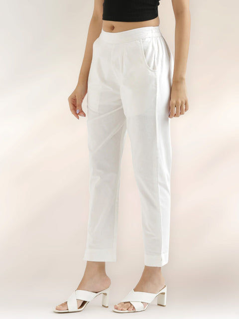 Women's White Cotton Trouser Pant