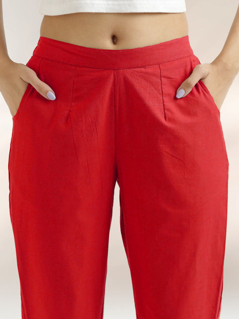 Women's Red Cotton Trouser Pant