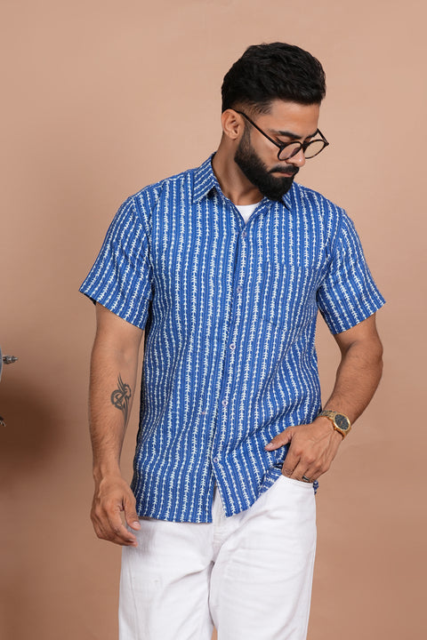 Charming Blue and White Stripe Print Katha Thread Work Shirt