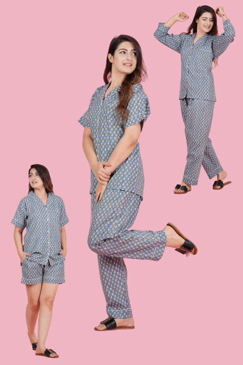 Gorgeous Grey Flower Pattern Print Katha Thread Work Combo Night Wear