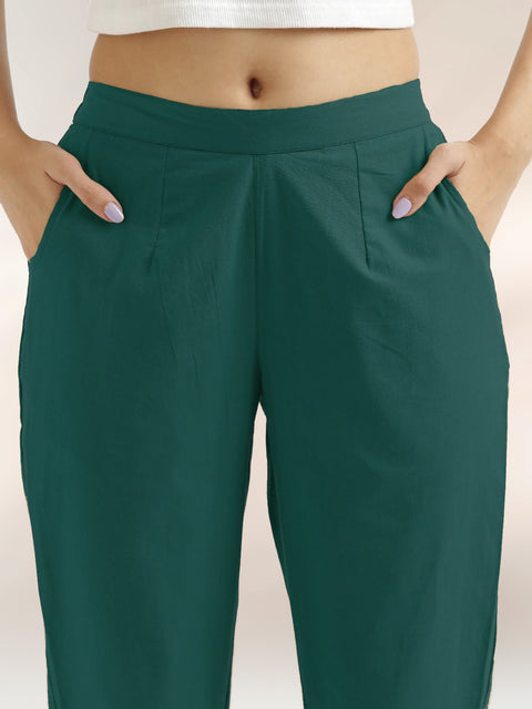 Women's Bottle Green Cotton Trouser Pant