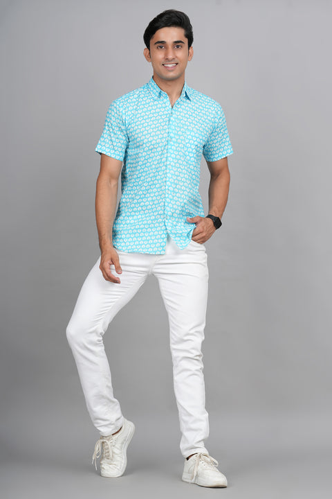 Floral Essence: White Flower Jaipuri Block Printed Shirt