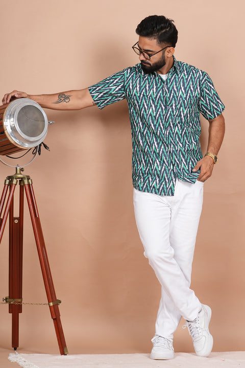 Stylish Zigzag Green, Blue, and White Print Shirt
