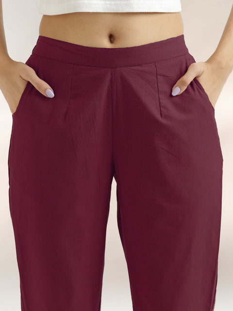 Women's Wine Cotton Trouser Pant
