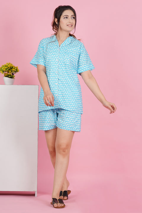 Floral Essence: Blue White Flower Print Half Sleeve Shorts Cotton Night Wear Set