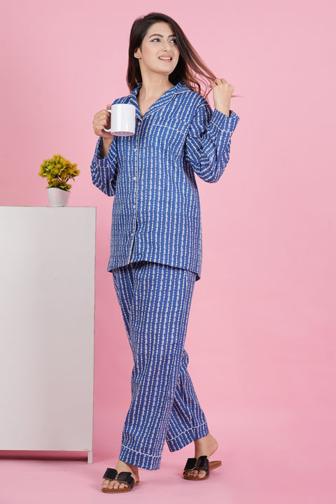 Charming Blue and White Stripe Print Katha Thread Work Full Sleeve Pyjama Cotton Night Wear Set