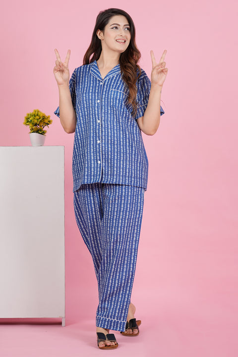 Charming Blue and White Stripe Print Katha Thread Work Half Sleeve Pyjama Cotton Night Wear Set