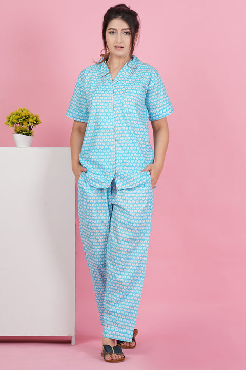 Floral Essence: Blue White Flower Print Half Sleeve Pyjama Cotton Night Wear Set