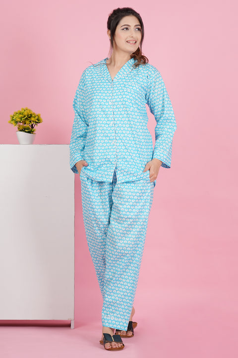Floral Essence: Blue White Flower Print Full Sleeve Pyjama Cotton Night Wear Set