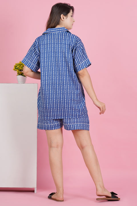 Charming Blue and White Stripe Print Katha Thread Work Half Sleeve Shorts Cotton Night Wear Set