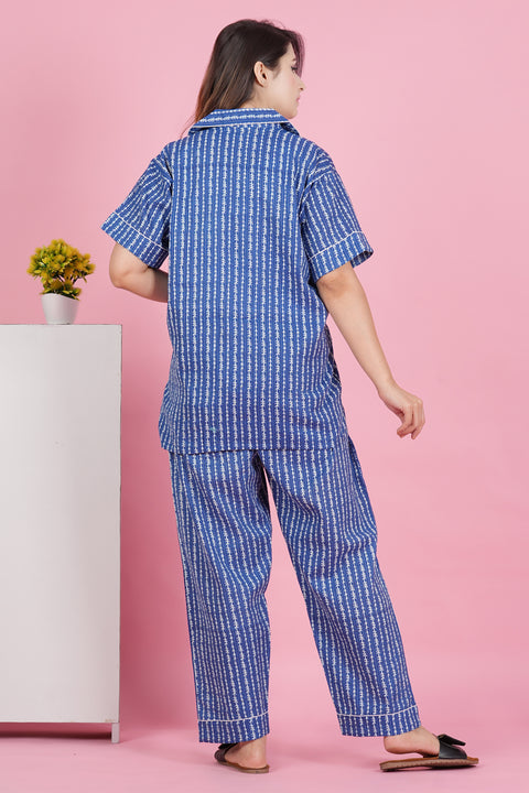 Charming Blue and White Stripe Print Katha Thread Work Combo Night Wear