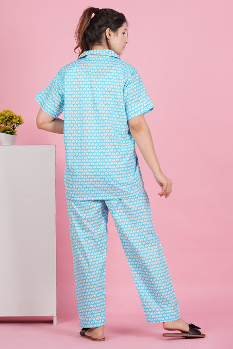 Floral Essence: Blue White Flower Print Half Sleeve Pyjama Cotton Night Wear Set