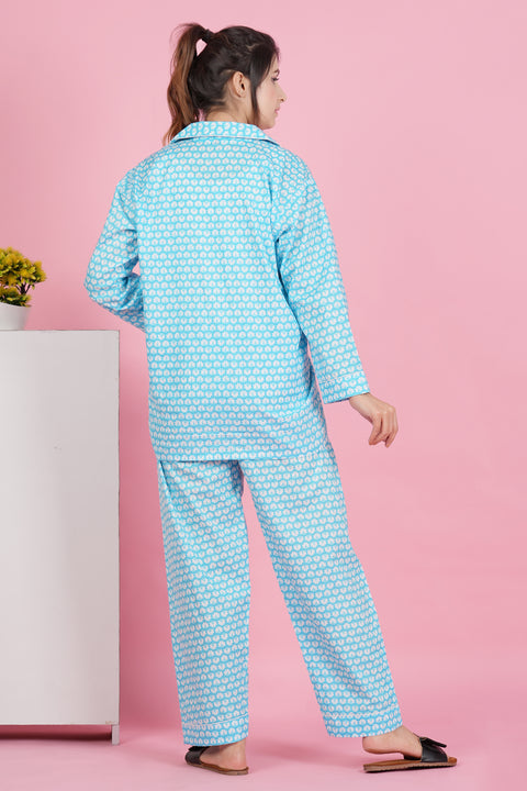 Floral Essence: Blue White Flower Print Full Sleeve Pyjama Cotton Night Wear Set
