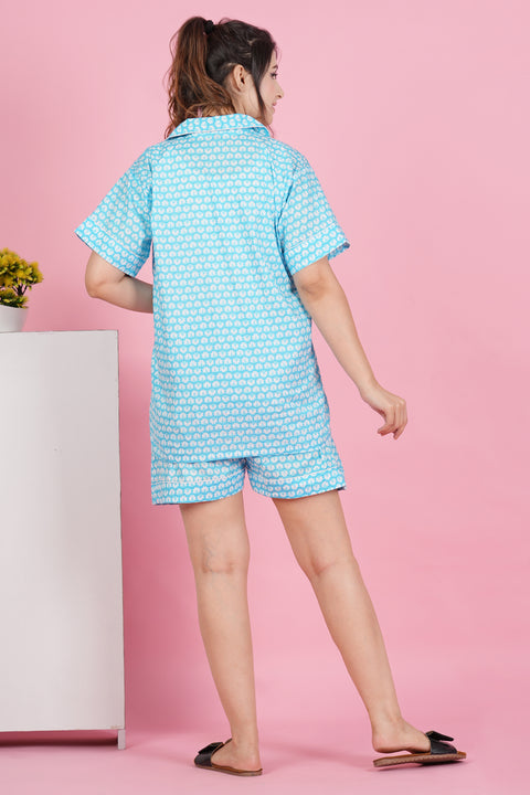 Floral Essence: Blue White Flower Print Half Sleeve Shorts Cotton Night Wear Set