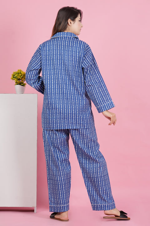 Charming Blue and White Stripe Print Katha Thread Work Full Sleeve Pyjama Cotton Night Wear Set