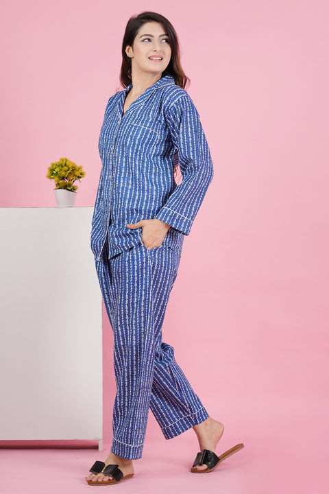 Charming Blue and White Stripe Print Katha Thread Work Full Sleeve Pyjama Cotton Night Wear Set