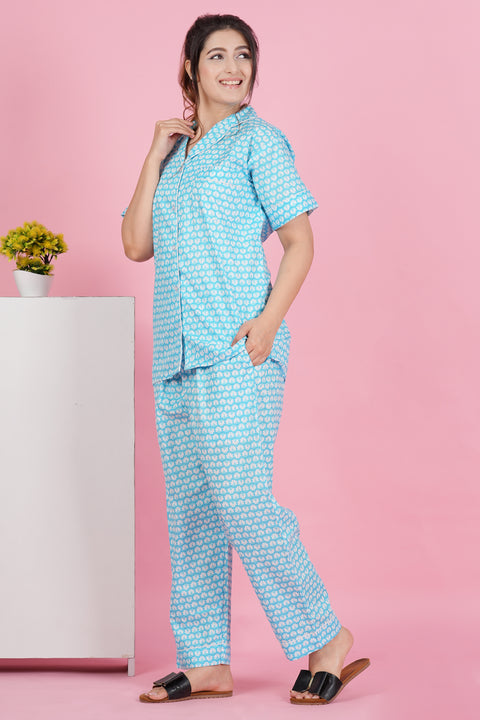 Floral Essence: Blue White Flower Print Half Sleeve Pyjama Cotton Night Wear Set