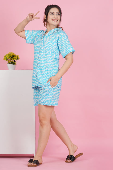 Floral Essence: Blue White Flower Print Half Sleeve Shorts Cotton Night Wear Set