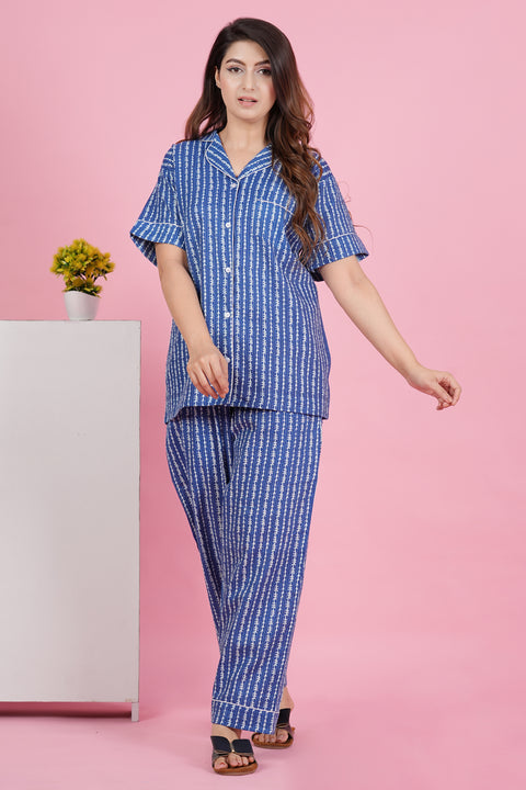 Charming Blue and White Stripe Print Katha Thread Work Half Sleeve Pyjama Cotton Night Wear Set