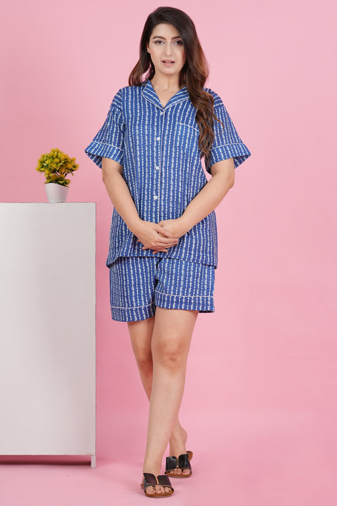 Charming Blue and White Stripe Print Katha Thread Work Half Sleeve Shorts Cotton Night Wear Set