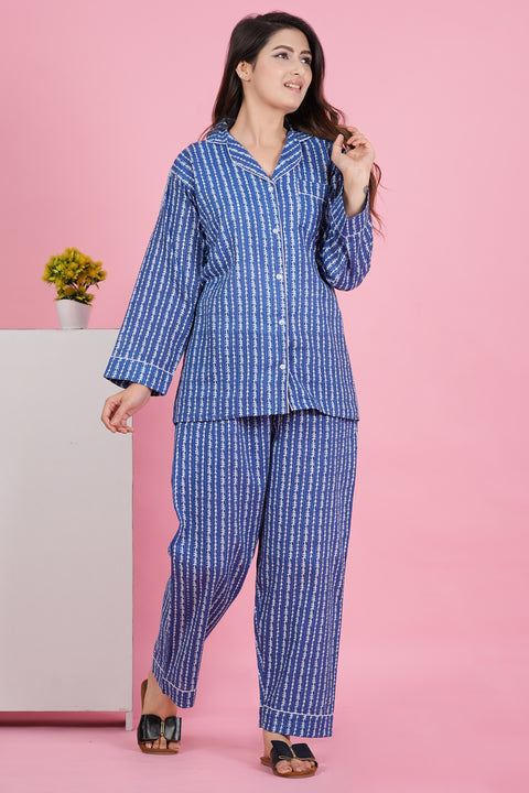Charming Blue and White Stripe Print Katha Thread Work Full Sleeve Pyjama Cotton Night Wear Set