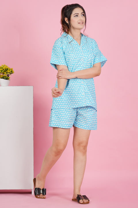 Floral Essence: Blue White Flower Print Half Sleeve Shorts Cotton Night Wear Set