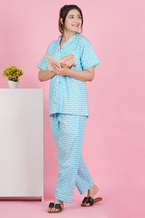 Floral Essence: Blue White Flower Print Half Sleeve Pyjama Cotton Night Wear Set
