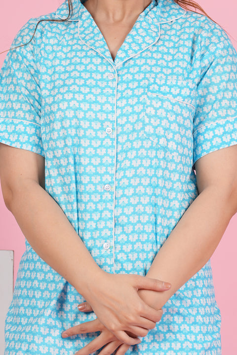 Floral Essence: Blue White Flower Print Half Sleeve Pyjama Cotton Night Wear Set