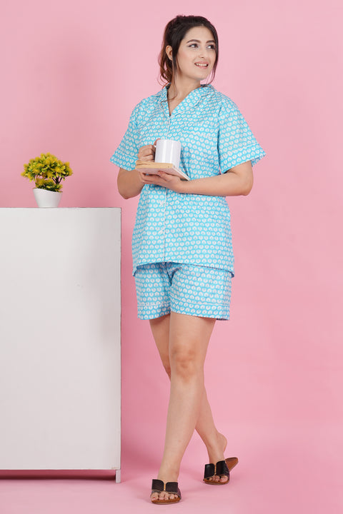 Floral Essence: Blue White Flower Print Half Sleeve Shorts Cotton Night Wear Set