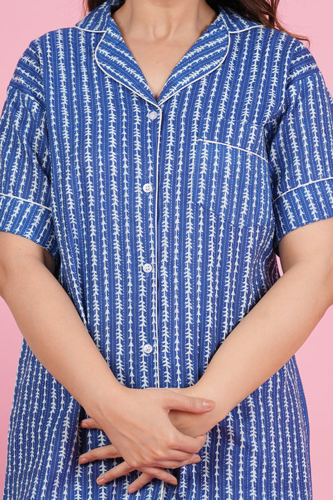 Charming Blue and White Stripe Print Katha Thread Work Half Sleeve Pyjama Cotton Night Wear Set