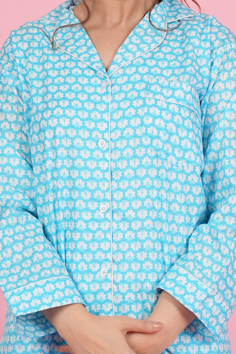 Floral Essence: Blue White Flower Print Full Sleeve Pyjama Cotton Night Wear Set