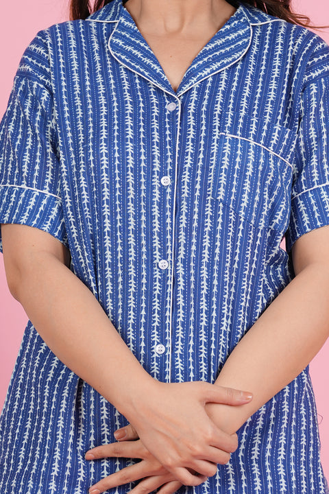 Charming Blue and White Stripe Print Katha Thread Work Half Sleeve Shorts Cotton Night Wear Set