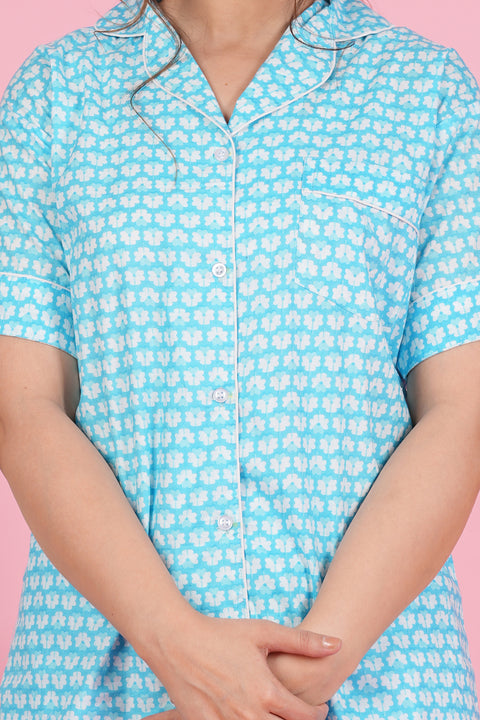 Floral Essence: Blue White Flower Print Half Sleeve Shorts Cotton Night Wear Set