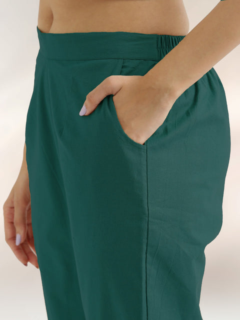 Women's Bottle Green Cotton Trouser Pant