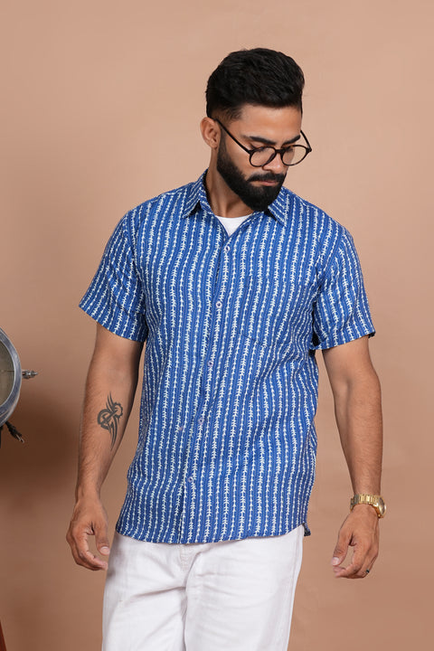 Charming Blue and White Stripe Print Katha Thread Work Shirt