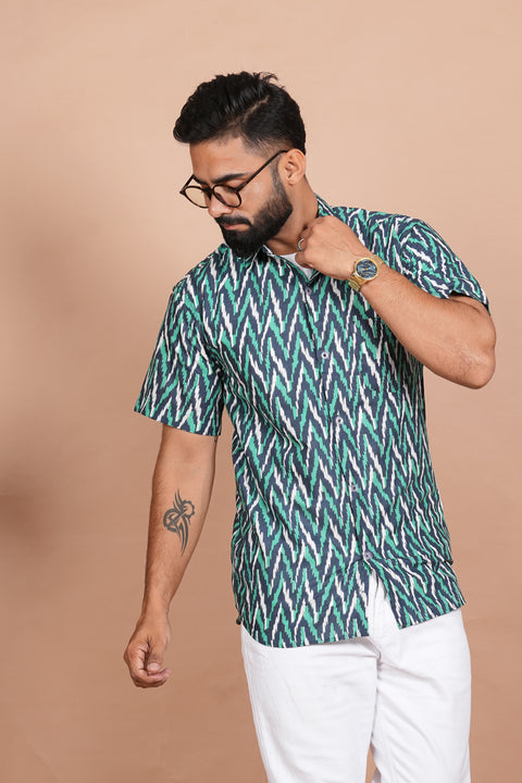 Stylish Zigzag Green, Blue, and White Print Shirt