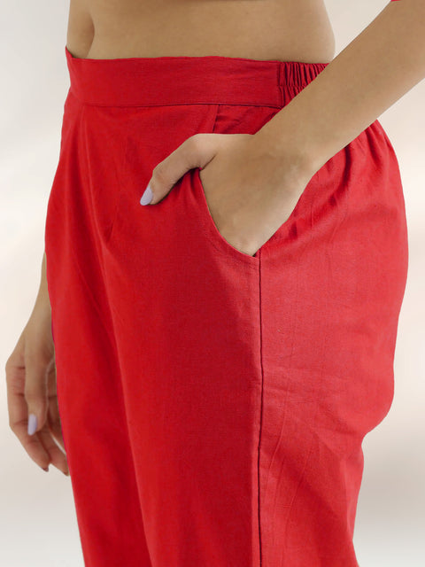 Women's Red Cotton Trouser Pant