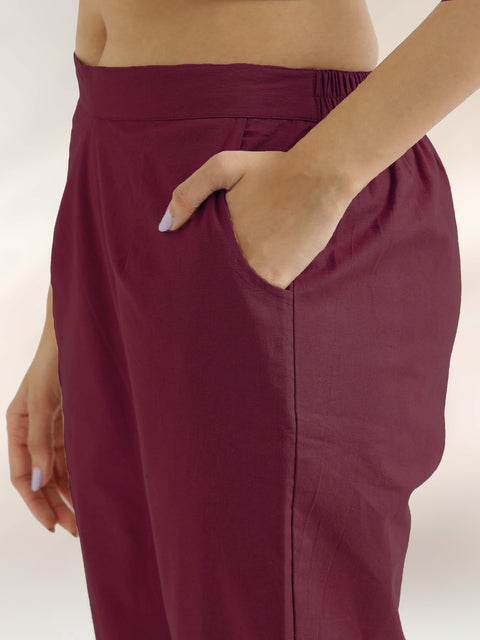 Women's Wine Cotton Trouser Pant