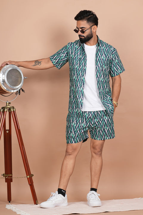 Stylish Zigzag Green, Blue, and White Print Co-ords Set