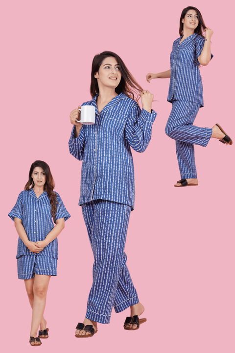 Charming Blue and White Stripe Print Katha Thread Work Combo Night Wear