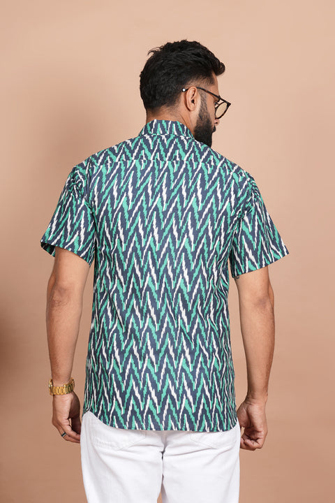 Stylish Zigzag Green, Blue, and White Print Shirt