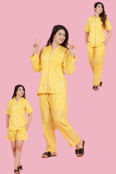 Sunshine Stripe: Yellow and White Print Combo Night Wear