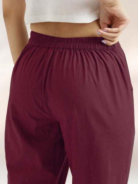 Women's Wine Cotton Trouser Pant