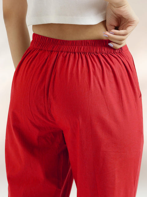 Women's Red Cotton Trouser Pant