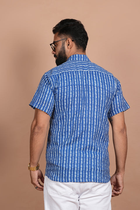 Charming Blue and White Stripe Print Katha Thread Work Shirt